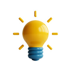 Stylized 3 D Yellow Lightbulb with Blue Base and Rays isolated on a transparent background idea concept