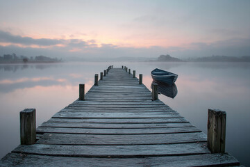 Fototapeta premium A weathered wooden pier stretching into a misty lake at dawn, with a small boat tied, suggesting a solitary departure or peaceful escape.
