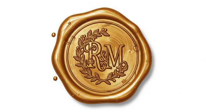 Golden wax seal with an 'R&M' monogram and laurel wreath, representing vintage authenticity and quality on an isolated transparent background.