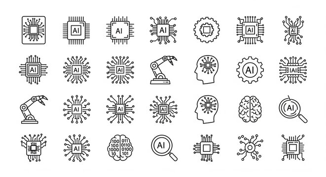 Collection of Artificial Intelligence (AI) and technology line icons, including microchips, robot arm, and brain on an isolated transparent background