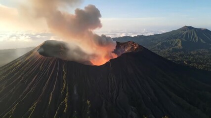 Volcanic crater glowing with molten lava and spewing fiery smoke and ash into the sky during an intense eruption at sunset - Powered by Adobe