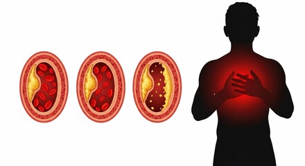 Understanding heart disease progression with artery blockage and chest pain illustration