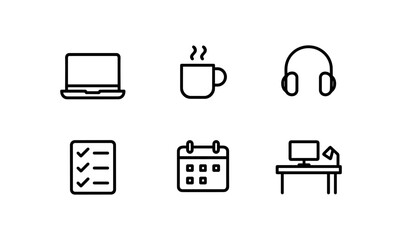 Minimalist office icons: laptop, coffee, headphones, checklist, calendar, desk setup