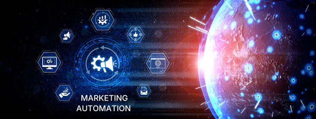 Marketing automation diagram showcase AI-driven campaign workflow, highlight marketing automation, data-driven strategy, marketing automation tools, and market automation process in business. Spline