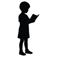 Child Standing and Reading Book Silhouette Vector