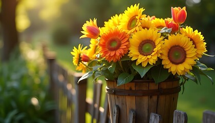 A Cheerful Arrangement of Vibrant Sunflowers and Bright Gerbera Daisies Bathed in Warm Golden Sunlight on a Rustic Wooden Fence