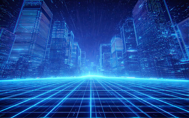 Obraz premium Futuristic cityscape with glowing digital grid and tall buildings