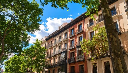 Naklejka premium European city street with apartment buildings and lush trees