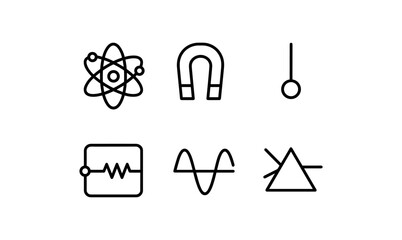 Linear science icons: atomic, magnet, pendulum, circuit, wave, triangle