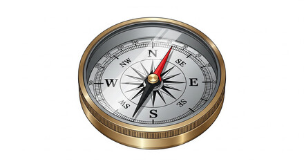 Golden Brass Compass Showing Cardinal Directions, symbolizing navigation, guidance, and travel on an isolated transparent background