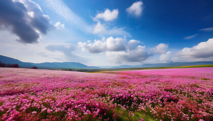 Fototapeta premium A Flowery Field A Field Full Of Pink Flowers In The Daytime Clouds In The Sky Flowering Flowers A Symbol Of Spring New Life