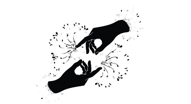 Two silhouetted hands reaching out, creating a spark of connection and shared energy