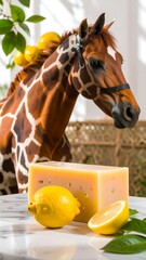 Giraffe, horse, and lemons on a table