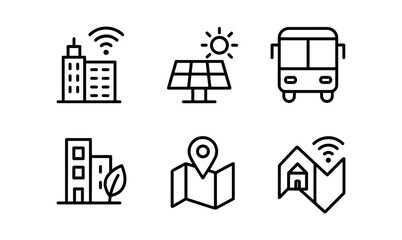 Minimalist urban technology icons including solar panels, smart city buildings, eco-friendly leaves, and gps navigation markers