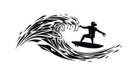 Surfer riding a stylized wave while wearing a virtual reality headset, embracing digital adventure