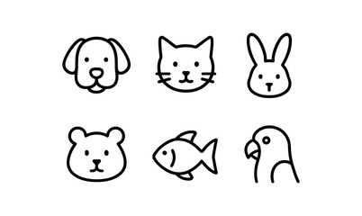 Simple outline illustrations of cute animal faces in minimalist style