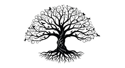 Majestic black tree of life with intricate branches and birds in silhouette
