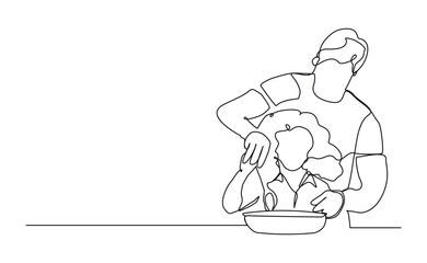 Continuous line drawing of happy father dad cooking together with her kid. Lovely family sketch drawing editable stroke vector illustration