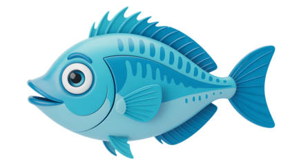 Cute cartoon blue fish with big eyes and fins swimming gracefully in deep ocean waters transparent background