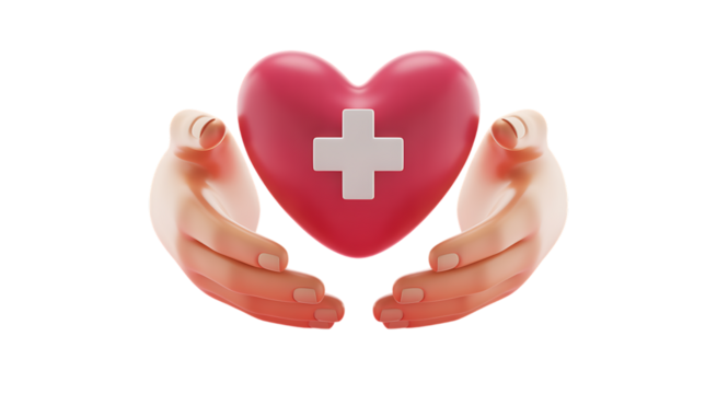 Caring hands gently holding a radiant red heart with medical cross symbolizing health and wellness transparent background