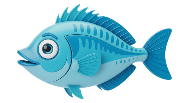 Cute cartoon blue fish with big eyes and fins swimming gracefully in deep ocean waters transparent background
