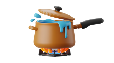 Cartoon pot boiling over with blue liquid overflowing on a gas stove flames transparent background