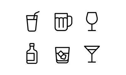 Minimalist drink icons set: glasses, bottles, and cocktails in outline style