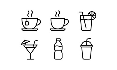 Minimalistic beverage icons set: coffee, tea, juice, cocktails, water bottle