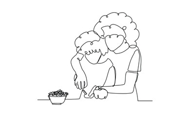 Continuous line drawing of happy mother cooking together with her kid. Lovely family sketch drawing editable stroke vector illustration