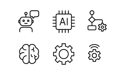 Modern linear icons of ai and robotics featuring brain, robot, microchip, and gears