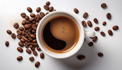 Fototapeta premium cup of coffee seen from above with scattered beans on white surface