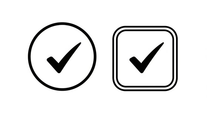 Two black checkmark icons, one in a circle and one in a square, symbolizing approval, completion, and correctness on an isolated transparent background.
