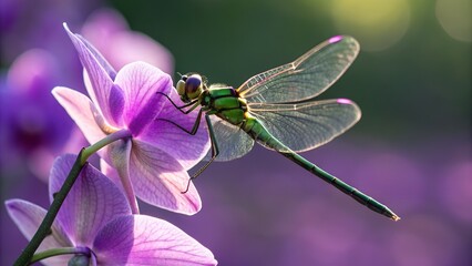 Close-up of a rare emerald-green dragonfly perched on a violet orchid petal, wings glowing, blurred purple bokeh.