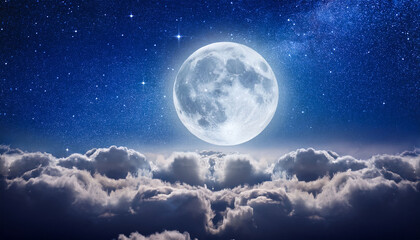 Majestic Full Moon Illuminating Starry Sky Surrounded By Soft Clouds At Night