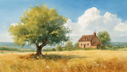 Obraz premium Peaceful Rural Countryside Landscape with Tree and Farmhouse Under Sunny Sky - Scenic Nature Scenery in Vibrant Spring Colors for Country Living Artwork