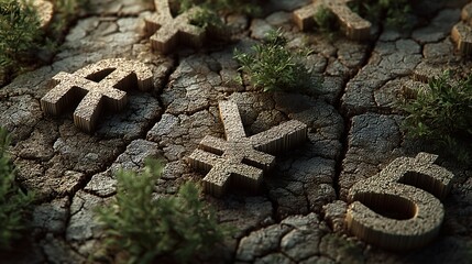 Currency symbols on cracked earth background representing financial crisis and economic downturn concept