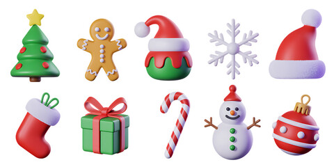 Festive christmas icons collection including tree stocking gingerbread snowman ornament and gift transparent background