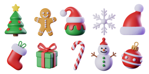 Festive christmas icons collection including tree stocking gingerbread snowman ornament and gift transparent background