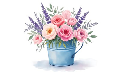 A Beautiful Watercolor Arrangement of Pink and Peach Roses with Purple Lavender in a Rustic Blue Metal Bucket for a Romantic Garden Theme