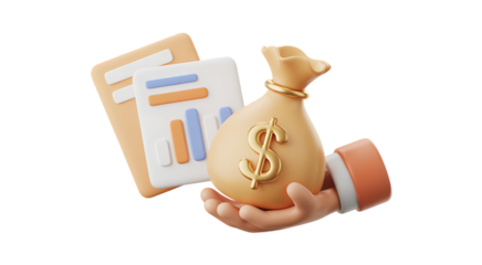 Financial growth and investment opportunity concept with hand holding money bag and chart transparent background