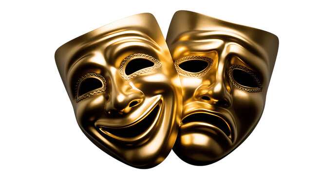 Golden comedy and tragedy theatre masks symbolizing drama performance arts symbolism transparent background