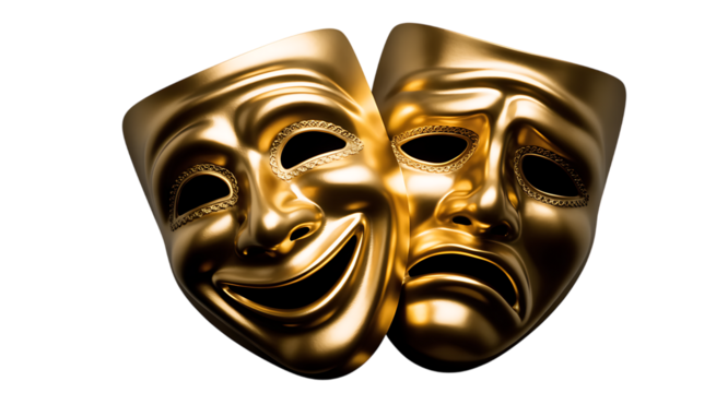Golden comedy and tragedy theatre masks symbolizing drama performance arts symbolism transparent background