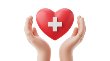 Caring hands gently hold red heart symbol medical cross for healthcare and hope transparent background