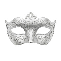 Silver masquerade mask with intricate glittery details on a white background.