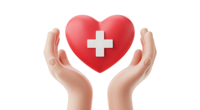 Caring hands gently hold red heart symbol medical cross for healthcare and hope transparent background