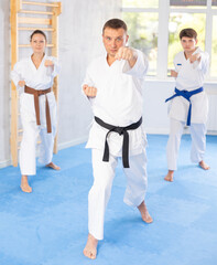 Naklejka premium Group of athletic people in kimonos try new fighting techniques at karate lessons