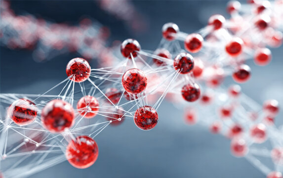 Close-up view of molecular structure with red spheres and connecting lines