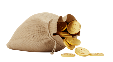 Overflowing burlap sack of golden dollar coins symbolizing abundant financial success and wealth transparent background
