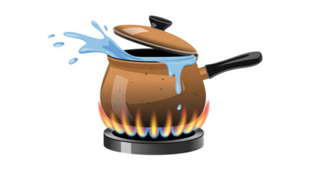 Pot of boiling water splashing with steam heat cooking on stove top kitchen scene transparent background