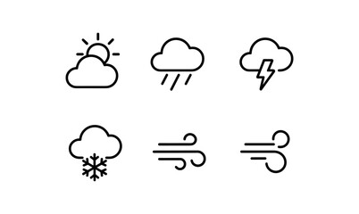 Obraz premium Simple weather icons set: sun, cloud, rain, snow, wind, and lightning in minimal outline style